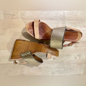 Anthropologie Sandro Rosi bronzed wedge sandals w/ wooden soles. Size 40 (9.5)